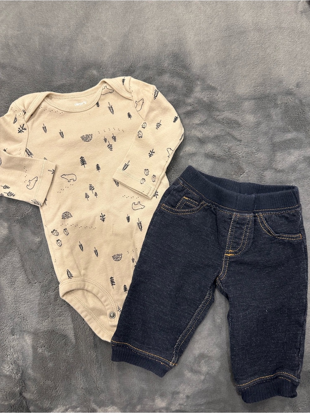 Carter's Beige Forest-Print Long-Sleeve One-Piece